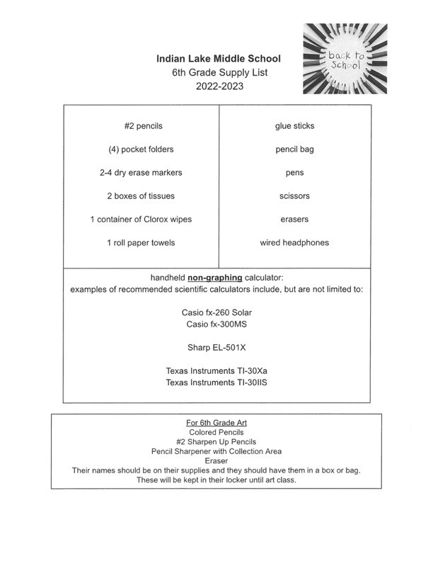 ILMS 202223 Supply Lists and Student Handbook Indian Lake Middle School